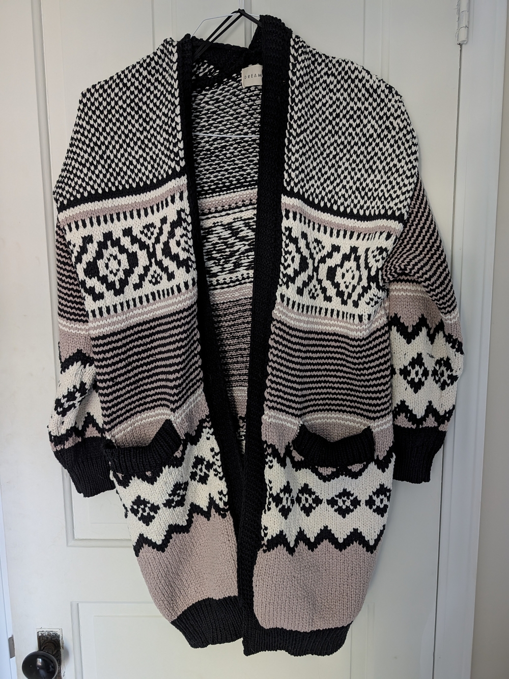 Cozy Patterned Open-Front Cardigan Sweater - Pink/Black/White